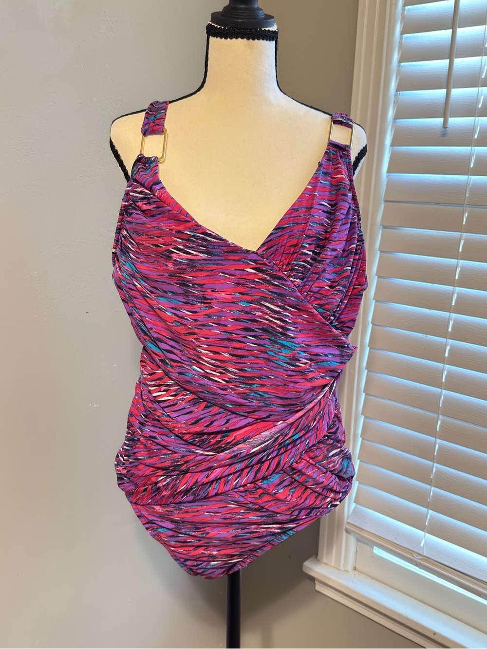 SPANX Purple and Pink Zebra-Striped Swim Top size 18